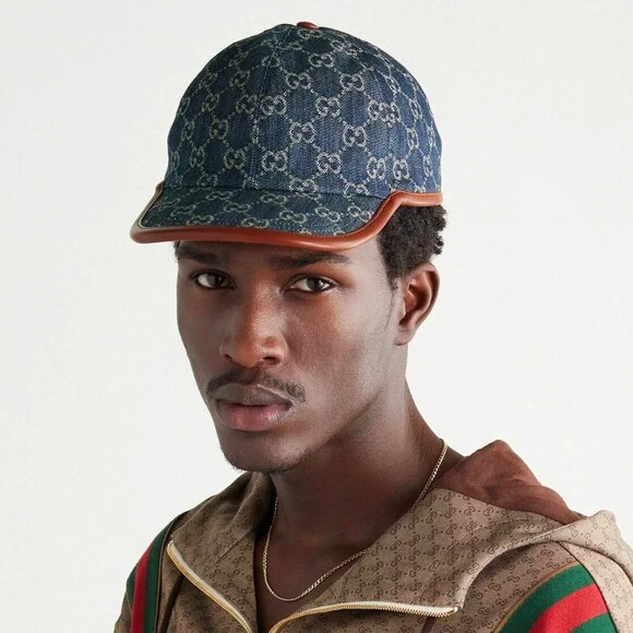 NEW GUCCI GG Monogram Denim Leather Trim Baseball Cap Hat Size M / 58 cm Authent - Picture 7 of 11